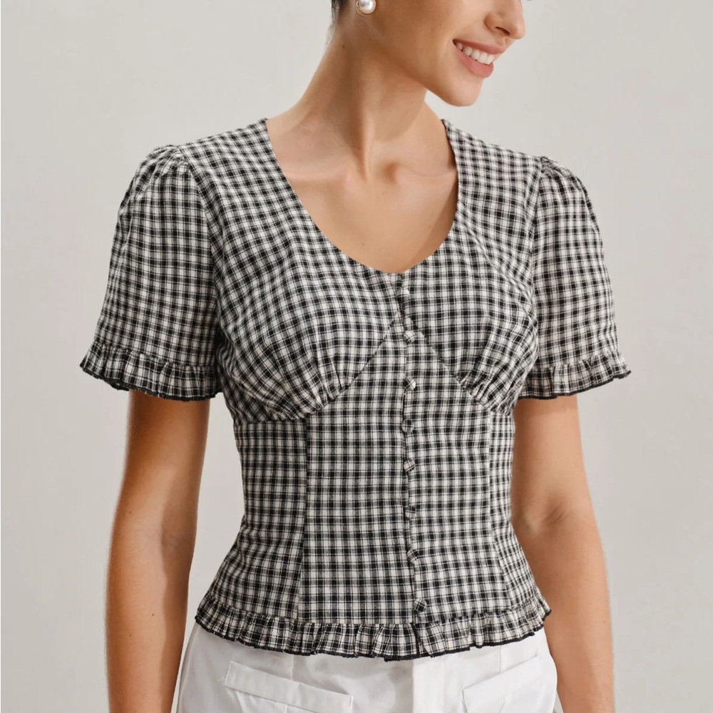 Rihoas Black Plaid V Neck Ruffle Blouse